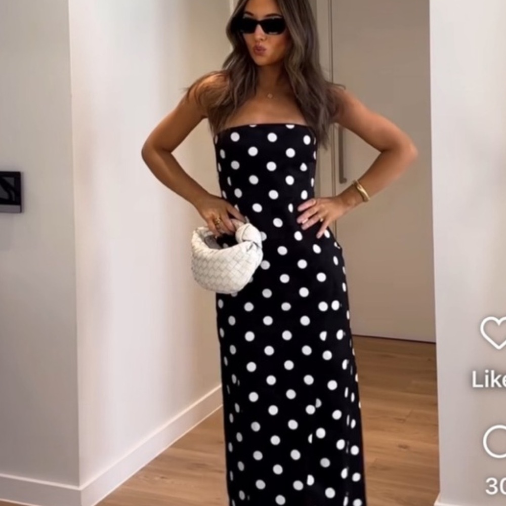 Zara Black and White Polka Dot Strapless Midi Dress